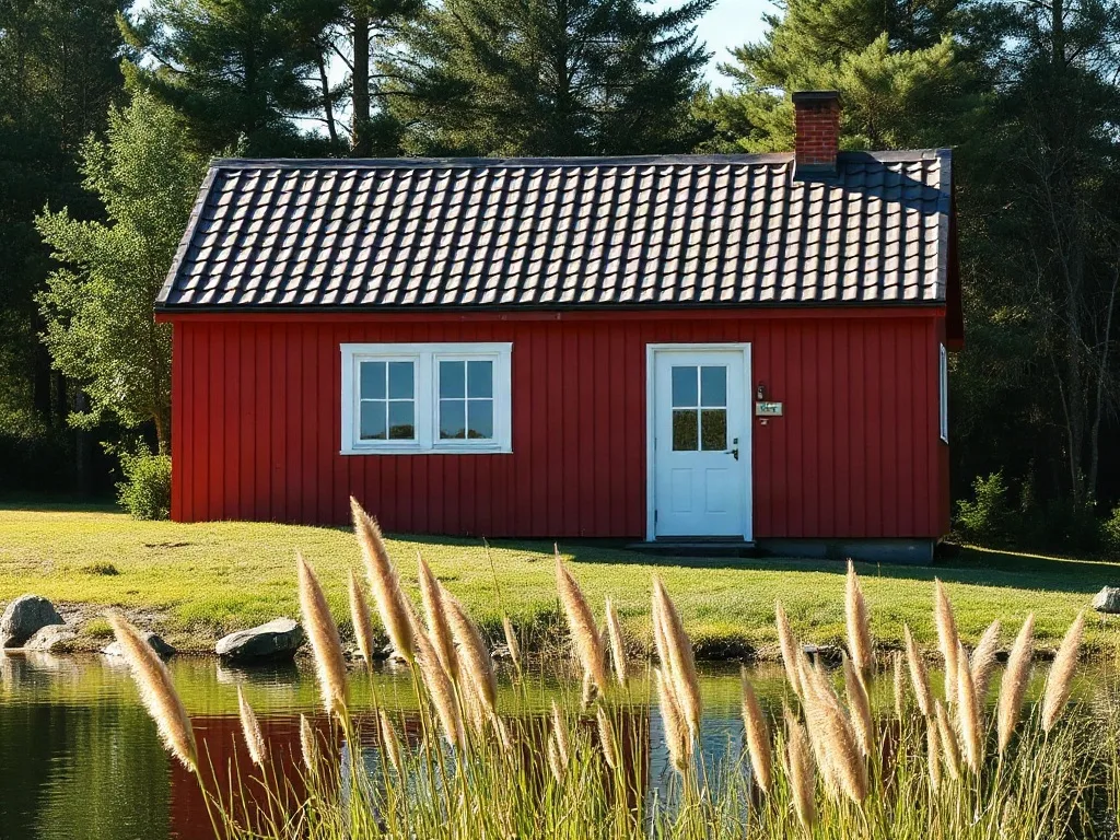 Punainen kesämökki uudella katolla järven rannalla